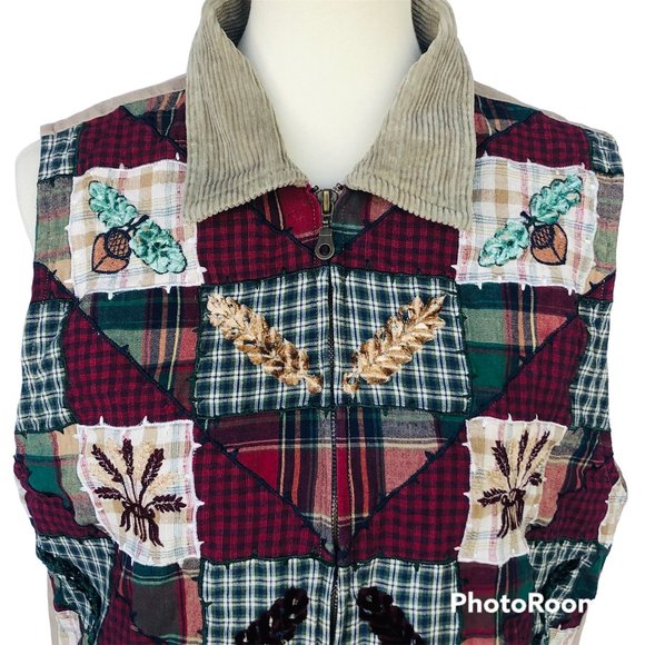 Vintage New Directions Cottagecore Plaid Patchwork Autumn Embroidered Vest Sz L - Picture 1 of 4